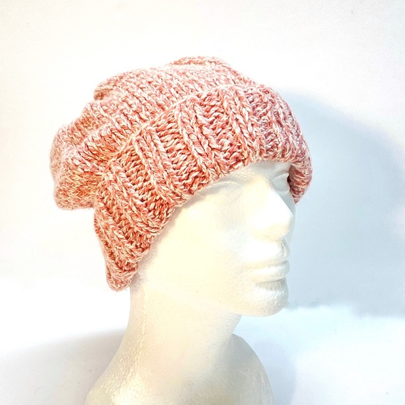 NWT HandKnit Ribbed Fold Brim Beanie Hat is Heather Pink Tweed Size Ladies Large - Picture 3 of 6